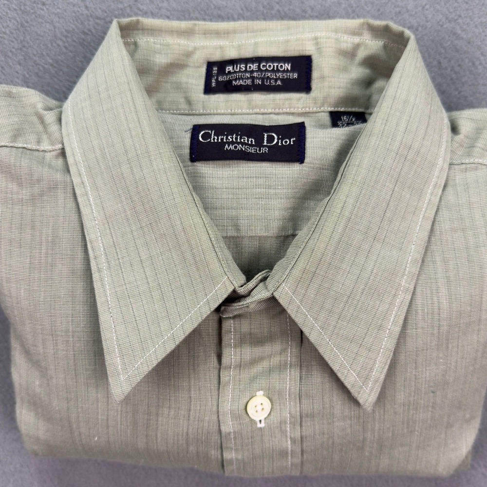 Christian Dior Monsieur Shirt 16.5 32-33 Green Pinstripe Button Down Long Sleeve